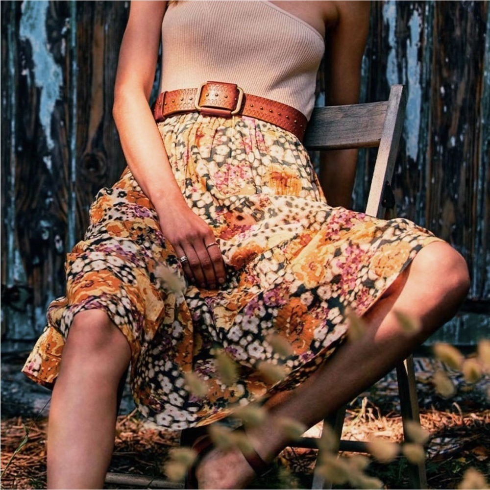 BA&SH Tiered Floral Midi Skirt M Semi Sheer Pull-On Hippie Festival Beach Resort - Picture 6 of 12